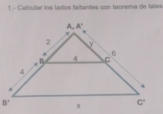 1.- Calcular los lados faltantes con teorema de tales