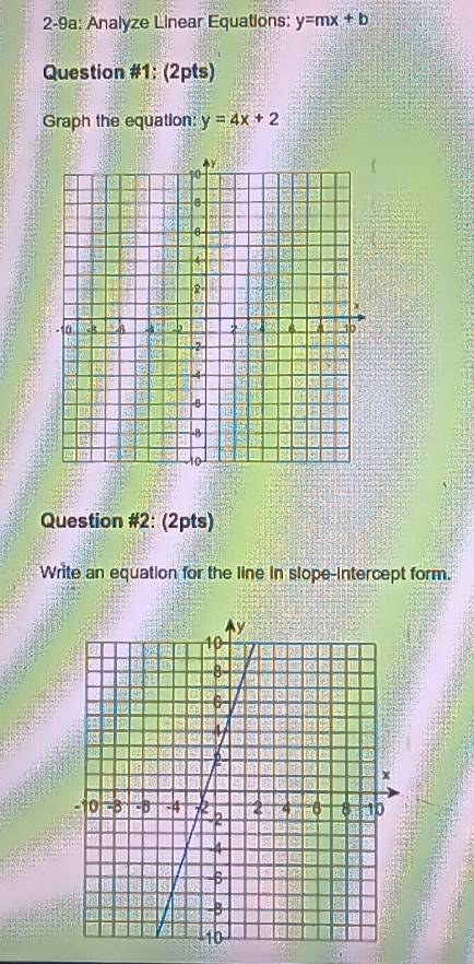 2-9a: Analyze Linear Equations: y=mx+b
Question #1: (2pts)
Graph the equation: y=4x+2
Question #2: (2pts)
Write an equation for the line in slope-intercept form.