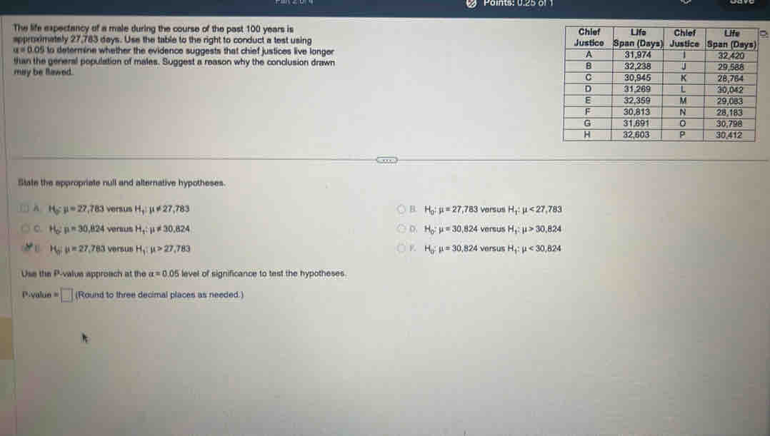 The life expectancy of a male during the course of the past 100 years is 
approximately 27,783 days. Use the table to the right to conduct a test using
a=0.05 to determine whether the evidence suggests that chief justices live longer 
than the general population of males. Suggest a reason why the conclusion drawn 
may be llawed 
State the appropriate null and alternative hypotheses.
A H_0:mu =27,783 versus H_1:mu != 27,783 B. H_0:mu =27,783 versus H_1:mu <27,783
o. H_c:n=30,824 verus H_1:mu != 30.824 D. H_0:mu =30.824 versus H_1:mu >30.824
R
U H_0:mu =27,783 versus H_1:mu >27,783 H_0:mu =30,824 versus H_f:mu <30,824
Use the P -value approach at the alpha =0.05 level of significance to test the hypotheses.
P-value =□ (Round to three decimal places as needed.)