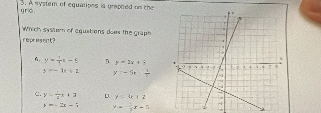 A syster of equations is graphed on the
grid .
Which system of equations does the graph
represent?
A. y= 1/2 x-5 B. y=2x+3
y=-3x+2
y=-5x- 1/2 
C. y= 1/2 x+3 D. y=3x+2
y=-2x-5
y=- 1/2 x-5