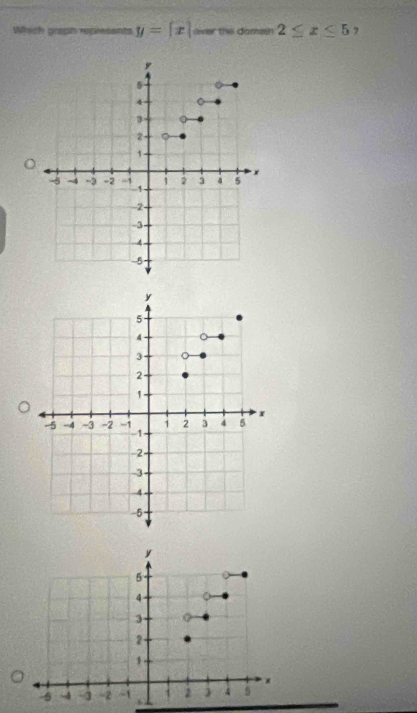 Which graph represents y=[x] over the domain 2≤ x≤ 5