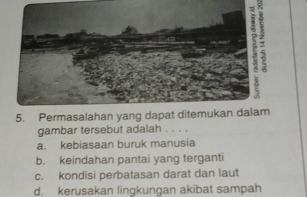 Permasalahan yang dapat ditemukan dalam
gambar tersebut adalah . . . .
a. kebiasaan buruk manusia
b. keindahan pantai yang terganti
c. kondisi perbatasan darat dan laut
d. kerusakan lingkungan akibat sampah