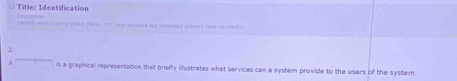 Title: Identification 
Description 
idembfy what is being asked. (Niste NOT case sensutive but mispelled answers have no credits) 
2. 
A overline  is a graphical representation that briefly illustrates what services can a system provide to the users of the system.