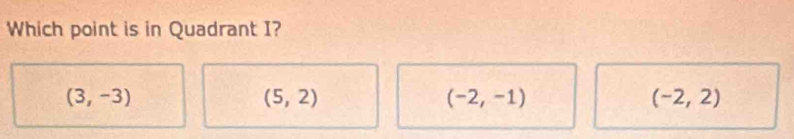 Which point is in Quadrant I?
(3,-3)
(5,2)
(-2,-1)
(-2,2)