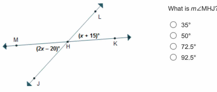 What is m∠ MHJ?
35°
50°
72.5°
92.5°