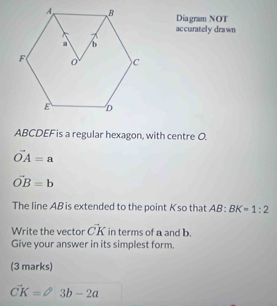 Diagram NOT 
accurately drawn
ABCDEF is a regular hexagon, with centre O.
vector OA=a
vector OB=b
The line ABis extended to the point Kso that AB :BK=1:2
Write the vector vector CK in terms of a and b. 
Give your answer in its simplest form. 
(3 marks)
vector CK= 3b-2a