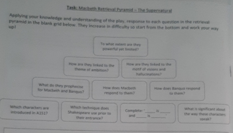 Task: Macbeth Retrieval Pyramid - The Supernatural 
Applying your knowledge and understanding of the play, response to each question in the retrieval 
pyramid in the blank grid below. They increase in difficulty so start from the bottom and work your way 
up! 
To what extent are they 
powerful yet limited? 
How are they linked to the Row are they linked to the 
theme of ambition? motif of visions and 
hallucinations? 
What do they prophecise How does Macbeth How does Banquo respond 
for Macbeth and Banquo? respond to them? to them? 
Which characters are Which technique does Complete: '_ is_ What is significant about 
introduced in A151? Shakespeare use prior to and_ is_ . the way these characters 
their entrance? speak?