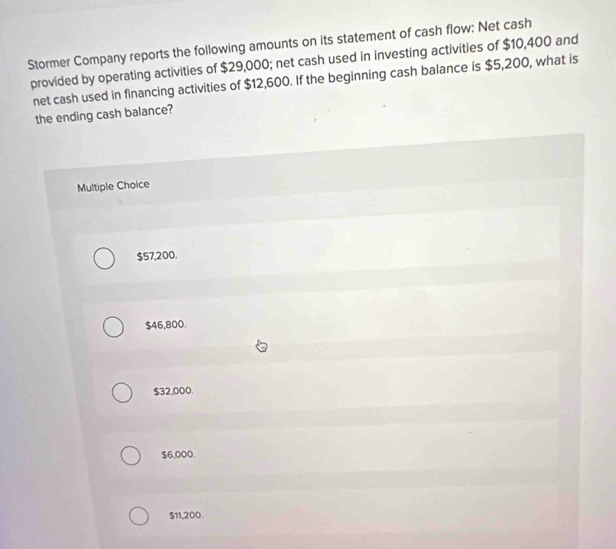 Stormer Company reports the following amounts on its statement of cash flow: Net cash
provided by operating activities of $29,000; net cash used in investing activities of $10,400 and
net cash used in financing activities of $12,600. If the beginning cash balance is $5,200, what is
the ending cash balance?
Multiple Choice
$57,200.
$46,800.
$32,000.
$6,000.
$11,200.