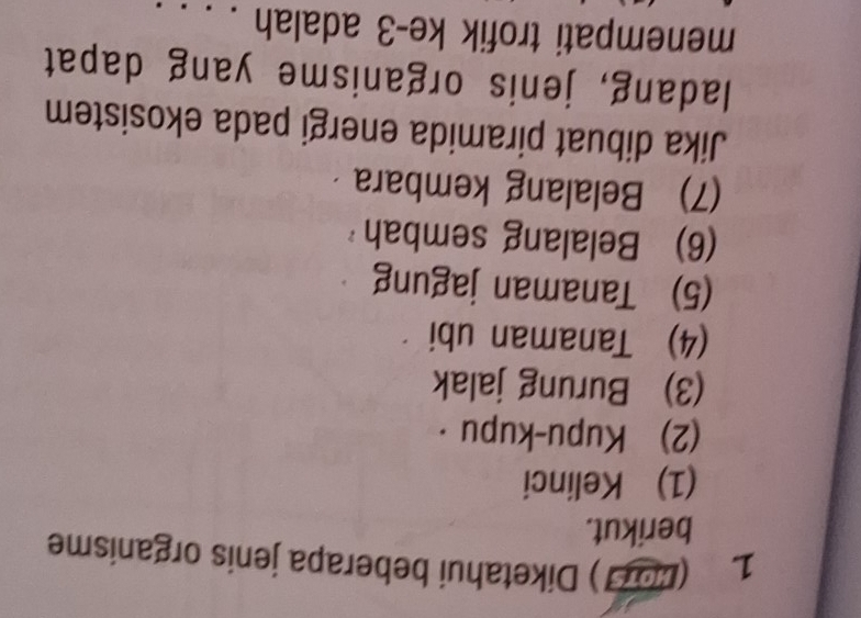 1 (200) Diketahui beberapa jenis organisme 
berikut. 
(1) Kelinci 
(2) Kupu-kupu · 
(3) Burung jalak 
(4) Tanaman ubi 
(5) Tanaman jagung 
(6) Belalang sembah 
(7) Belalang kembara 
Jika dibuat piramida energi pada ekosistem 
ladang, jenis organisme yang dapat 
menempati trofik ke -3 adalah ._