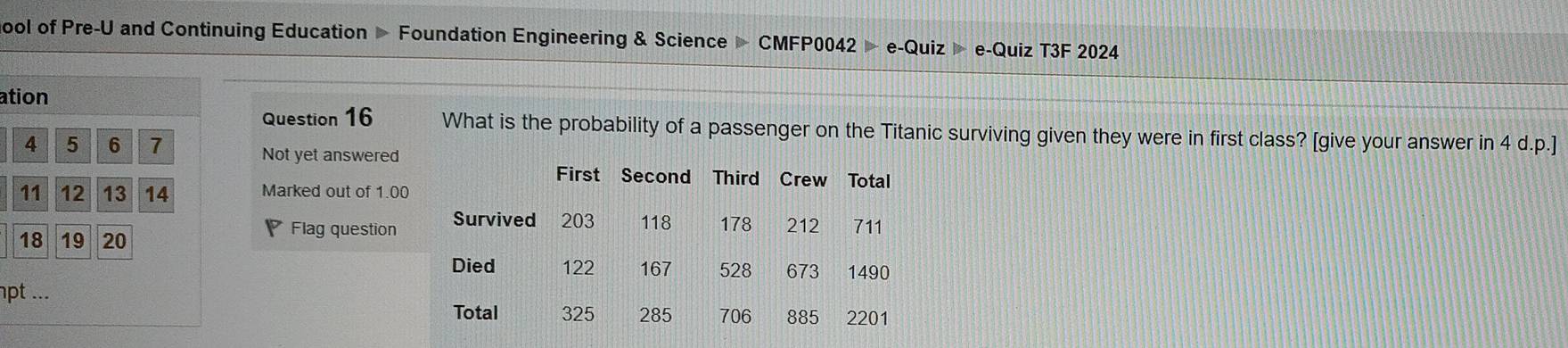 gool of Pre-U and Continuing Education Foundation Engineering & Science CMFP0042 e-Quiz ▶ e-Quiz T3F 2024 
ation 
Question 16 What is the probability of a passenger on the Titanic surviving given they were in first class? [give your answer in 4 d.p.]
4 5 6 7 Not yet answered
11 12 13 14 Marked out of 1.00
Flag question
18 19 20
npt ...