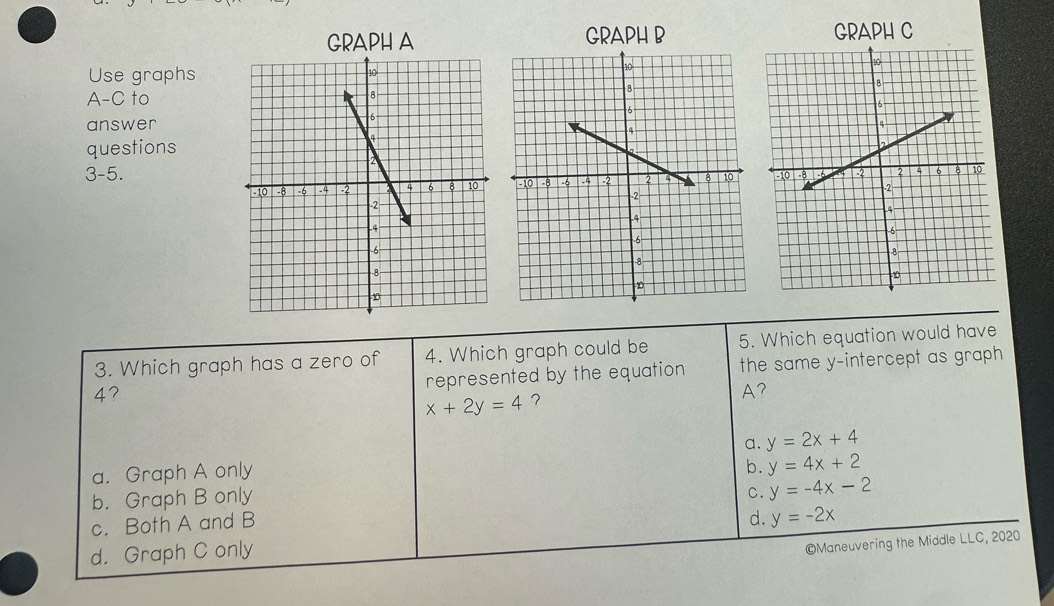 GRAPH A GRAPH B GRAPH C
Use graphs
A-C to
answer
questions
3-5. 

3. Which graph has a zero of 4. Which graph could be 5. Which equation would have
47 the same y-intercept as graph 
represented by the equation
x+2y=4 ?
A?
a. y=2x+4
a. Graph A only
b. y=4x+2
b. Graph B only
C. y=-4x-2
c. Both A and B
d. y=-2x
d. Graph C only
©Maneuvering the Middle LLC, 2020