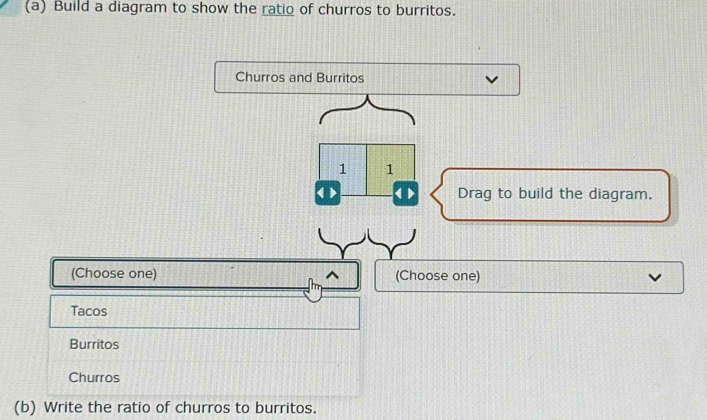 Build a diagram to show the ratio of churros to burritos. 
Churros and Burritos
1 1 < > < > Drag to build the diagram. 
(Choose one) (Choose one) 
Tacos 
Burritos 
Churros 
(b) Write the ratio of churros to burritos.