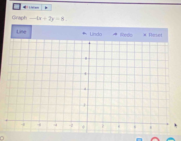 Listen 
Graph -4x+2y=8. 
Line Undo Redo × Reset 
。