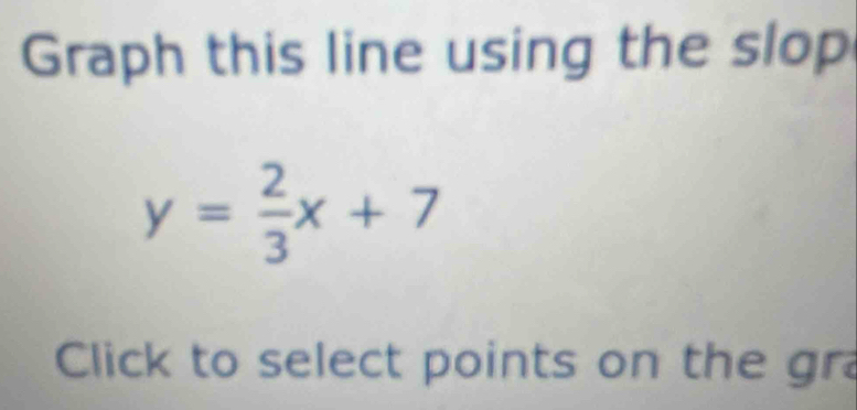 Graph this line using the slop
y= 2/3 x+7
Click to select points on the gr