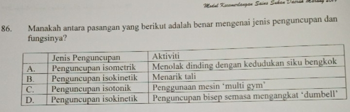 Modul Kecemerlangan Sains Sukan Dacrzh Mälle 
86. Manakah antara pasangan yang berikut adalah benar mengenai jenis penguncupan dan 
fungsinya?