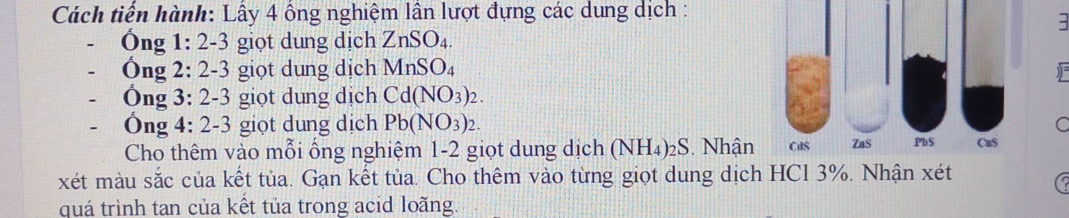 Cách tiến hành: Lấy 4 ông nghiệm lần lượt đựng các dung dịch : 
3 
Ông 1:2-3 giọt dung dịch ZnSO_4. 
Ông 2:2-3 giọt dung dịch MnSO_4 ) 
Ông 3:2-3 giọt dung dịch Cd(NO_3)_2. 
Ông 4:2-3 giọt dung dịch Pb(NO_3)_2. C 
Cho thêm vào mỗi ống nghiệm 1-2 giọt dung dịch (NH₄)₂S. Nhận 
xét màu : soverset sim 2 úc của kết tủa. Gạn kết tủa. Cho thêm vào từng giọt dung dịch HCl 3%. Nhận x
quá trình tan của kết tủa trong acid loãng.