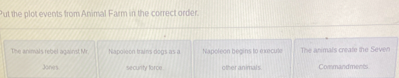 Put the plot events from Animal Farm in the correct order.
The animals rebel against Mr Napoleon trains dogs as a Napoleon begins to execute The animals create the Seven
Jones security force. other animals Commandments