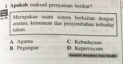 Apakah maksud pernyataan berikut?
leks
ms. 56 Merupakan suatu sistem berkaitan dengan
anutan, keimanan dan penyembahan terhadap
tuhan.
A Agama C Kebudayaan
B Pegangan D Kepercayaan
Konstruk: Memahami Aras: Rendah