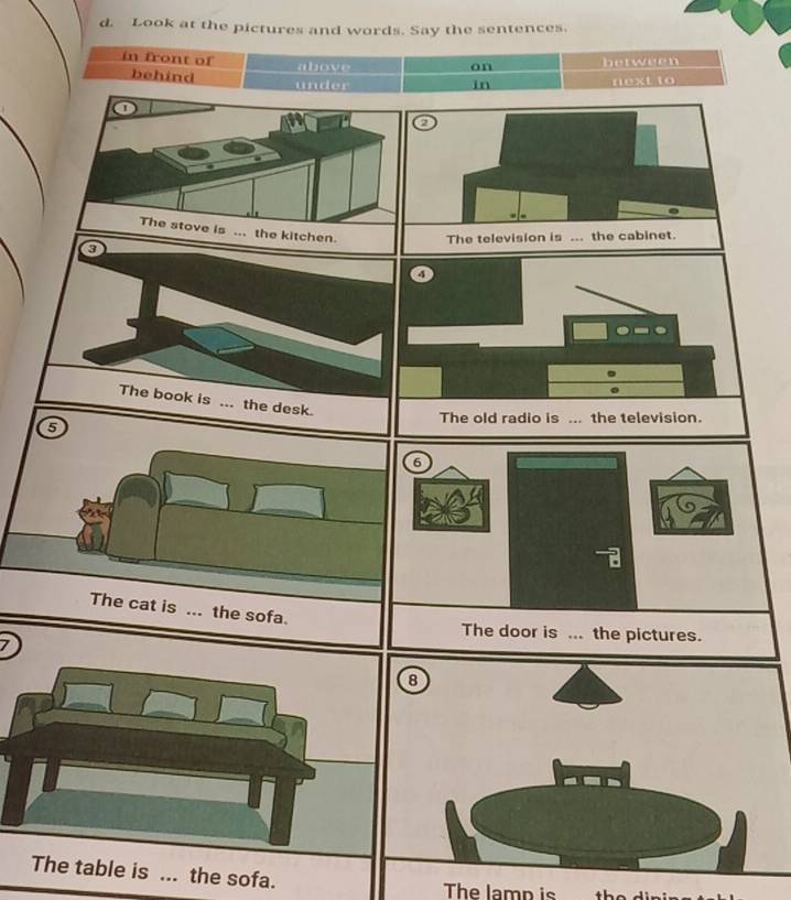 Look at the pictures and words. Say the sentences. 
in front of above 
on hetween 
behind under 
In next to 
the desk. 
The old radio is ... the television. 
5 
The cat is ... the sofa. 
The door is ... the pictures. 
7 
8 
The table is ... the sofa. The lamp is