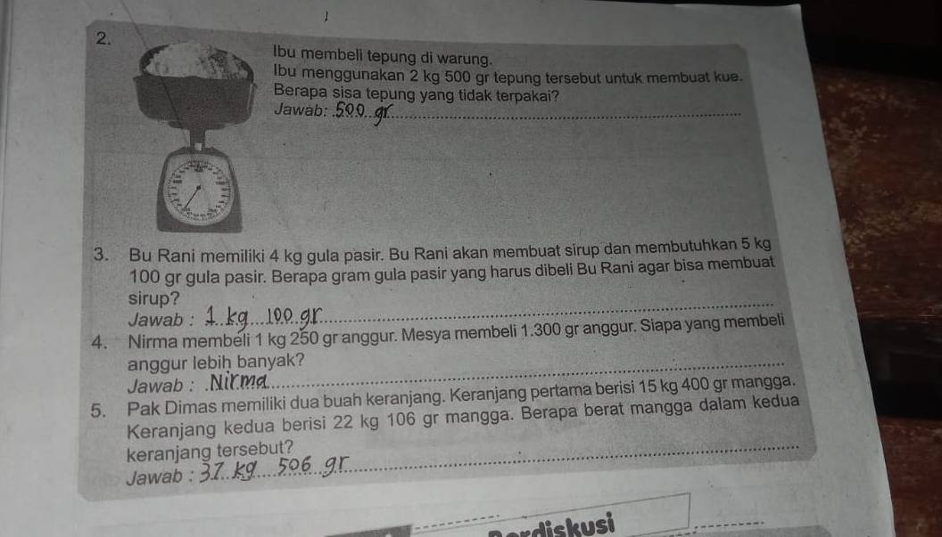 Ibu membeli tepung di warung. 
lbu menggunakan 2 kg 500 gr tepung tersebut untuk membuat kue. 
Berapa sisa tepung yang tidak terpakai? 
Jawab:_ 
3. Bu Rani memiliki 4 kg gula pasir. Bu Rani akan membuat sirup dan membutuhkan 5 kg
100 gr gula pasir. Berapa gram gula pasir yang harus dibeli Bu Rani agar bisa membuat 
sirup? 
Jawab : 
_ 
4. Nirma membeli 1 kg 250 gr anggur. Mesya membeli 1.300 gr anggur. Siapa yang membeli 
anggur lebiḥ banyak?_ 
Jawab : . 
5. Pak Dimas memiliki dua buah keranjang. Keranjang pertama berisi 15 kg 400 gr mangga. 
Keranjang kedua berisi 22 kg 106 gr mangga. Berapa berat mangga dalam kedua 
keranjang tersebut?_ 
Jawab : 
Lerdiskusi 
_