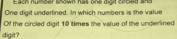 Each number shown has one digit circled and 
One digit underlined. In which numbers is the value 
Of the circled digit 10 times the value of the underlined 
digit?