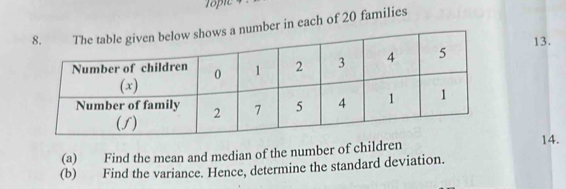 mber in each of 20 families 
13. 
(a) Find the mean and median of the number of children 
14. 
(b) Find the variance. Hence, determine the standard deviation.