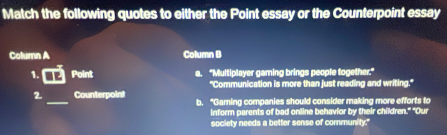 Solved: Match the following quotes to either the Point essay or the ...