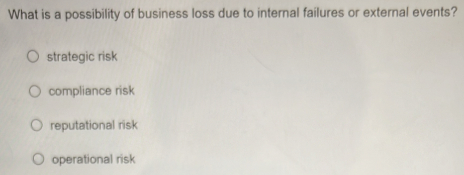 What is a possibility of business loss due to internal failures or external events?
strategic risk
compliance risk
reputational risk
operational risk