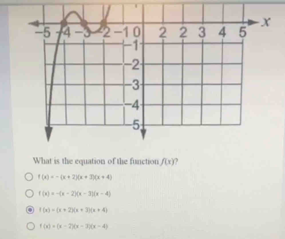 What is the equation of the function f(x)
f(x)=-(x+2)(x+3)(x+4)
f(x)=-(x-2)(x-3)(x-4)
f(x)=(x+2)(x+3)(x+4)
f(x)=(x-2)(x-3)(x-4)