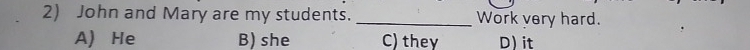 John and Mary are my students. _Work very hard.
A) He B) she C) they D) it