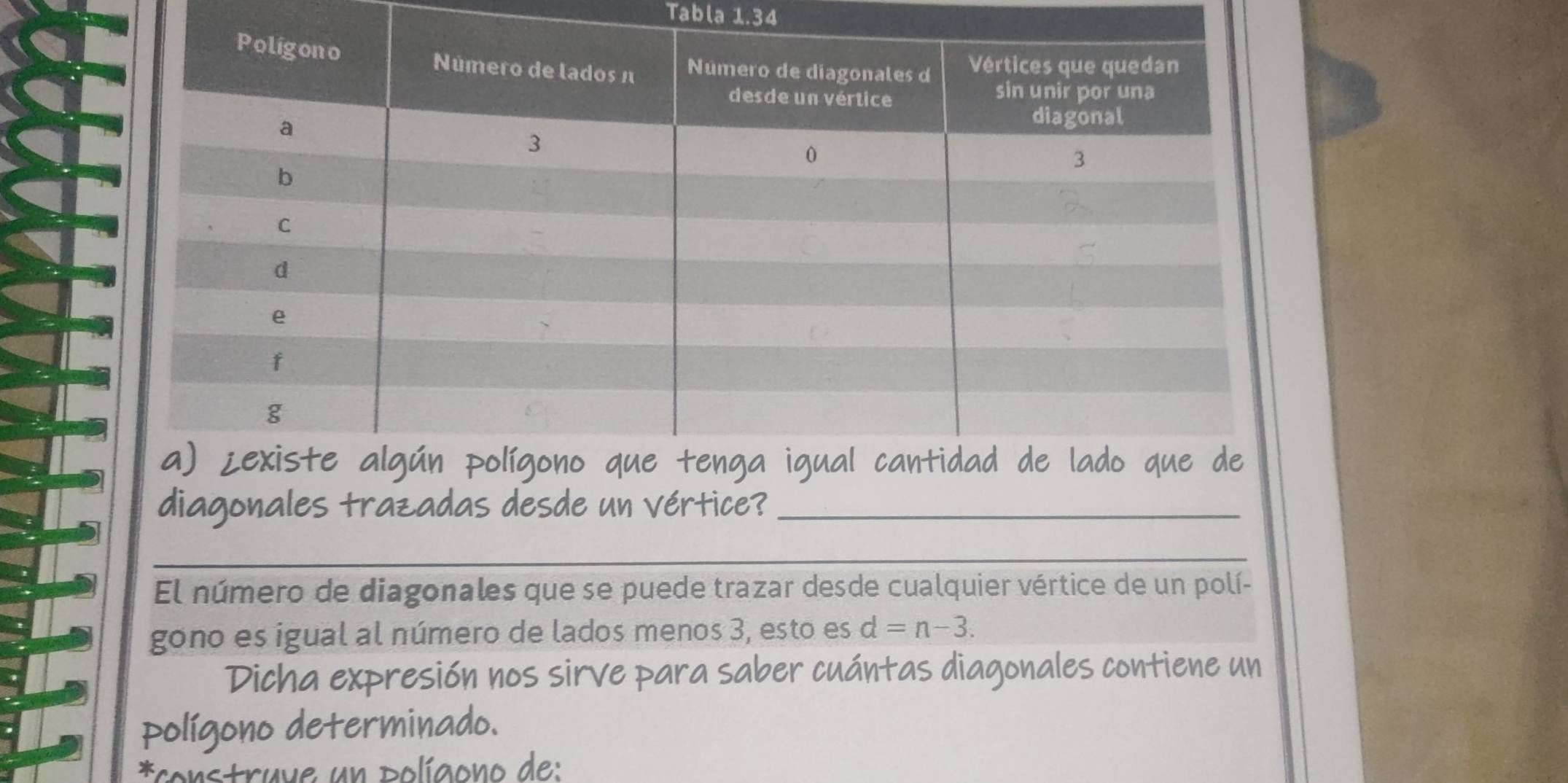 Tabla 1.34 
diagonales trazadas desde un vértice?_ 
_ 
_ 
El número de diagonales que se puede trazar desde cualquier vértice de un polí- 
gono es igual al número de lados menos 3, esto es d=n-3. 
Dicha expresión nos sirve para saber cuántas diagonales contiene un 
polígono determinado. 
*construve un polígono de: