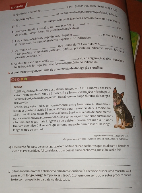 Atividades
_a paz! (encontror, presente do subjuntive)
e) Que Israel e Palestina
_ no horário hoje? (chegor, pretérito perfeito do indicativo)
_
f) Tu e teu amigo
em campo o juiz e os jogadores! (entror, presente do indicativo
g) Já
h) Inevitavelmente a tensão, as provocações e o conflito_
do estádio. (tomar, futuro do pretérito do indicativo)
conta
) Eletricistas, mecânicos, engenheiros, ninguém_
o mistério do motor
do automóvel. (desvendor, pretérito imperfeito do indicativo)
j)Os resultados _que o time do 7° A ou o do 7°B _
presente do indicativo) o campeonato de hondebol deste ano. (indicor, presente do indicativo; vencer, futuro do
_a vida da cigarra; trabalhar, trabalhar e
k) Cantar, dançar e tocar violão
trabalhar, a da formiga. (resumir, futuro do pretérito do indicativo)
3. Leia o trecho a seguir, extraído de uma revista de divulgação científica.
 ∞●0
BLUEY
[...] Bluey, da raça boiadeiro australiano, nasceu em 1910 e morreu em 1939
- viveu exatamente 29 anos e 5 meses. É o cão mais velho já verificado pelo
Guinness Book, o livro dos recordes. Trabalhou no campo durante dois terços
de sua vida.
Depois dele veio Chilla, um cruzamento entre boiadeiro australiano e
labrador que teria vivido 32 anos. Jornais deram a notícia de sua morte em
1984, mas ele não bateu Bluey no Guinness Book — sua data de nascimento
nunca foi comprovada com exatidão. Seja como for, os boiadeiros australianos
são uma das raças mais longevas que existem: vivem em média 13 anos.
Um fato científico útil se você quiser uma mascote para passar um longo,
Iongo tempo ao seu lado.
Superinteressante. Disponível em:. Acesso em: 31 mar. 2018. (Fragmento)
a) Esse trecho faz parte de um artigo que tem o título "Cinco cachorros que mudaram a história da
ciência". Por que Bluey foi considerado um desses cinco cachorros, mas Chilla não foi?
_
_
b) O trecho termina com a afirmação "Um fato científico útil se você quiser uma mascote para
passar um longo, longo tempo ao seu lado”. Explique que sentido o autor procura dar ao
texto com a repetição da palavra destacada.
_