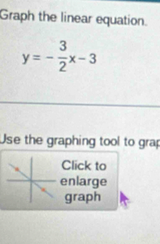 Graph the linear equation.
y=- 3/2 x-3
Use the graphing tool to grap 
Click to 
enlarge 
graph