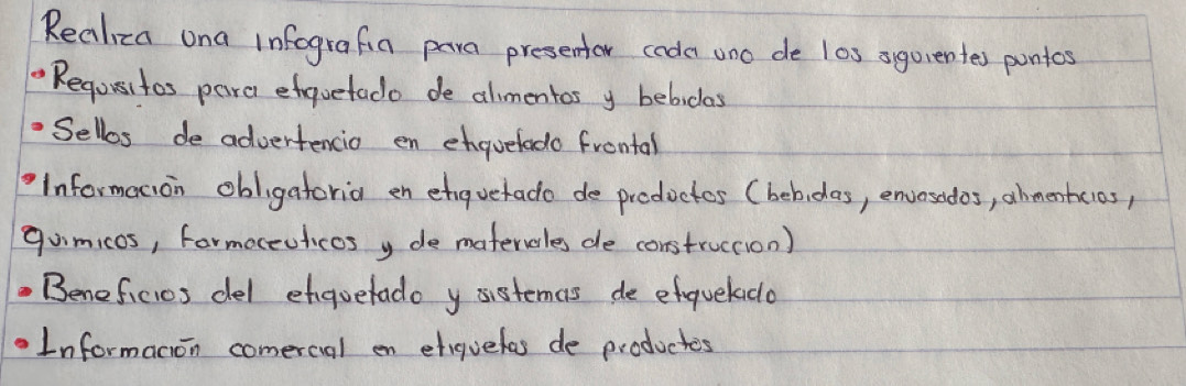 Realita ona infografin para presentor coda wno de los agorentes pontos 
Reqousitos pard etquetado de almentos y bebidas 
Sellos de advertencio en enquelado frontal 
Informacion obligatoria en etguetado de productos (bebidas, envosidos, abmentcios, 
gumicos, formoceuticos y de materverles de construccion) 
Beneficios del enquetado y sistemas de efquelado 
Informacion comercal en etiquetas de productes