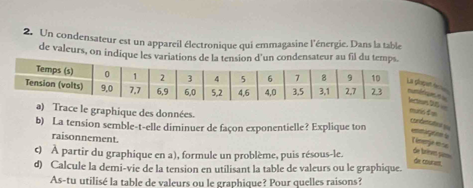 Un condensateur est un appareil électronique qui emmagasine l'énergie. Dans la table 
de valeurs, on indique 
s 
munió d'an 
a) Trace le graphique des données. 
codencationt 
b) La tension semble-t-elle diminuer de façon exponentielle? Explique ton 
raisonnement. 
enenge ens de brimet pare 
c) À partir du graphique en a), formule un problème, puis résous-le. 
de couren, 
d) Calcule la demi-vie de la tension en utilisant la table de valeurs ou le graphique. 
As-tu utilisé la table de valeurs ou le graphique? Pour quelles raisons?