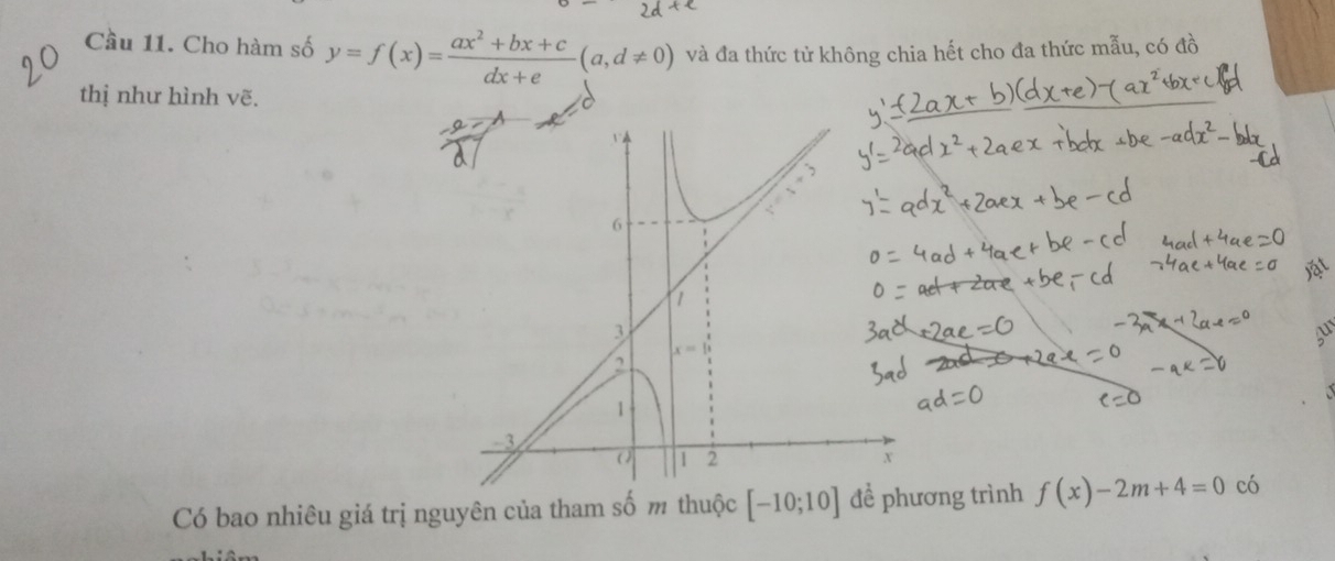 Cầu 11. Cho hàm số y=f(x)= (ax^2+bx+c)/dx+e (a,d!= 0) và đa thức tử không chia hết cho đa thức mẫu, có đồ
thị như hình vẽ.
Có bao nhiêu giá trị nguyên của tham số m thuộc [-10;10] để phương trình f(x)-2m+4=0 có