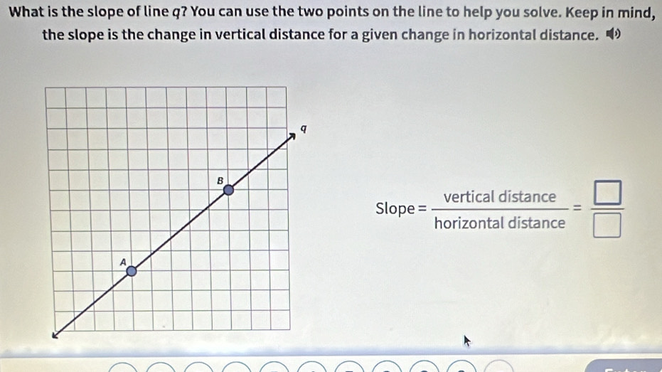 What is the slope of line q? You can use the two points on the line to help you solve. Keep in mind, 
the slope is the change in vertical distance for a given change in horizontal distance. •
Slope= verticaldistan ce/horizontaldistan ce = □ /□  