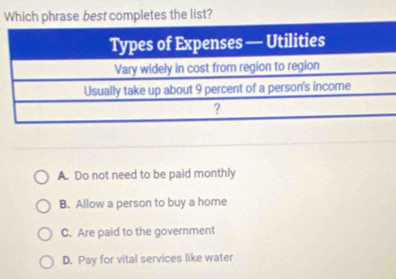 Which phrase best completes the list?
A. Do not need to be paid monthly
B. Allow a person to buy a home
C. Are paid to the government
D. Pay for vital services like water