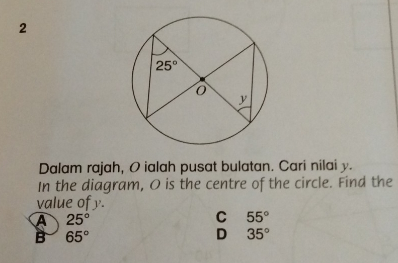 Dalam rajah, O ialah pusat bulatan. Cari nilai y.
In the diagram, O is the centre of the circle. Find the
value of y.
A 25°
C 55°
B 65°
D 35°