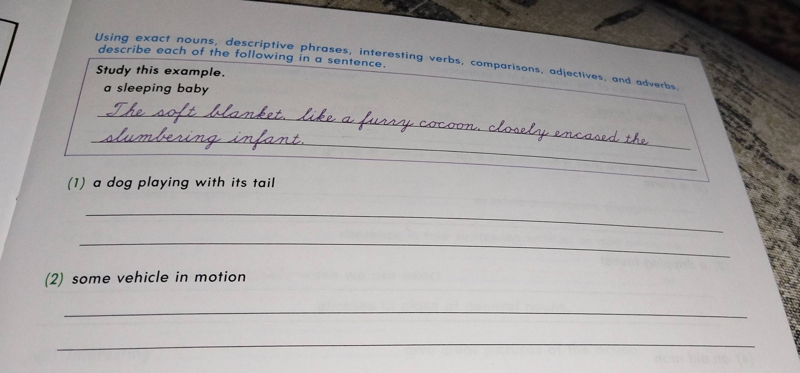 Solved: describe each of the following in a sentence. Using exact nouns,  descriptive phrases, int [Others]