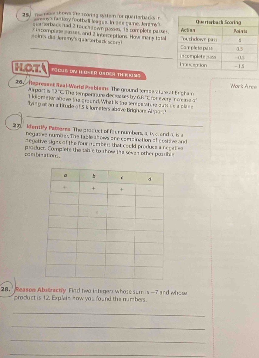 The rable shows the scoring system for quarterbacks in 
jeremy's fantasy football league. In one game, Jeremy's 
quarterback had 2 touchdown passes, 16 complete passes,
7 incomplete passes, and 2 interceptions. How many total 
points did Jeremy's quarterback score? 
Hot FOCUS ON HIGHER OADER THINKING 
Work Area 
26. Represent Real-World Problems The ground temperature at Brigham 
Airport is 12°C The temperature decreases by 6.8°C for every increase of
1 kilometer above the ground. What is the temperature outside a plane 
flying at an altitude of 5 kilometers above Brigham Airport? 
27. Identify Patterns The product of four numbers, a, b, c, and d, is a 
negative number. The table shows one combination of positive and 
negative signs of the four numbers that could produce a negative 
product. Complete the table to show the seven other possible 
combinations. 
28. Reason Abstractly Find two integers whose sum is -7 and whose 
product is 12. Explain how you found the numbers. 
_ 
_ 
_ 
_
