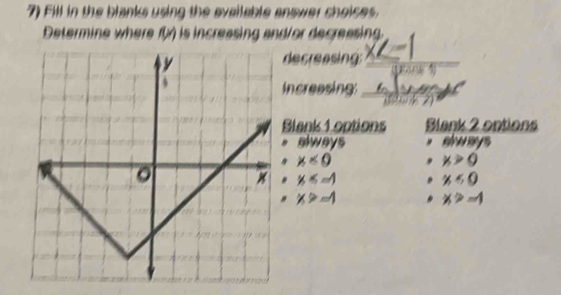 Fill in the blanks using the evailable answer choices. 
Determine where f) is increasing and/or decreasing 
decreasing: 
Increasing 
2) 
Blank 1 options Blank 2 ontions 
always ∠ 1 ways
x<0</tex> 
, x>0
" x
x≤ 0
x>-1
x>-1