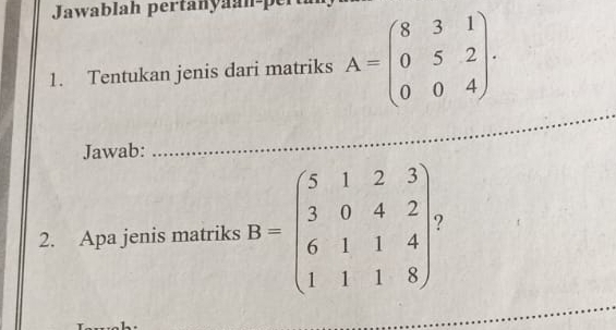 Jawablah pertanyaan-pe
1. Tentukan jenis dari matriks A=beginpmatrix 8&3&1 0&5&2 0&0&4endpmatrix. 
Jawab:
_
_
2. Apa jenis matriks B=beginpmatrix 5&1&2&3 3&0&4&2 6&1&1&4 1&1&1&8endpmatrix