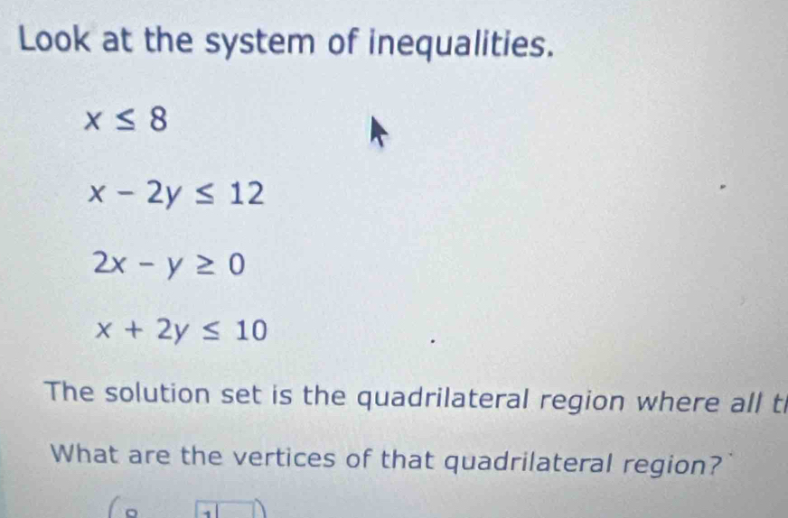 Look at the system of inequalities.
x≤ 8
x-2y≤ 12
2x-y≥ 0
x+2y≤ 10
The solution set is the quadrilateral region where all t 
What are the vertices of that quadrilateral region?
4