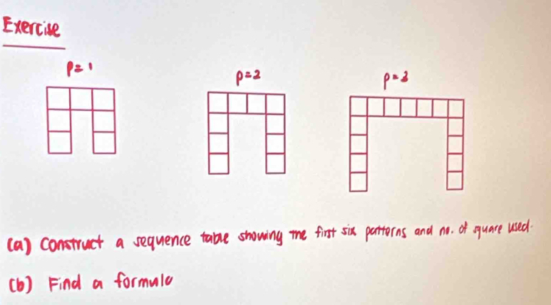 Exercive
p=1
p=2
p=3
(a) construct a sequence tabe showing me first six pattorns and no. of quare used. 
(b ) Find a formule