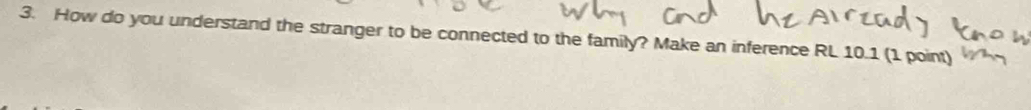 How do you understand the stranger to be connected to the family? Make an inference RL 10.1 (1 point)