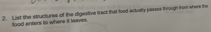 List the structures of the digestive tract that food actually passes through from where the 
food enters to where it leaves.