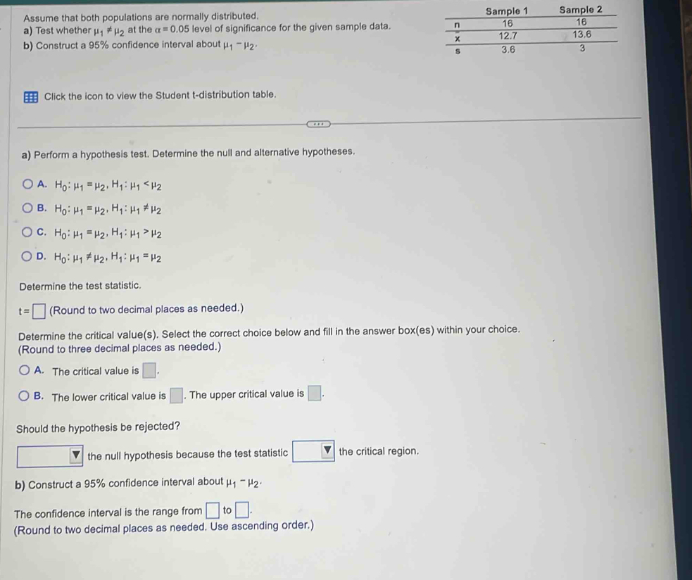 Assume that both populations are normally distributed. 
a) Test whether mu _1!= mu _2 at the alpha =0.05 level of significance for the given sample data. 
b) Construct a 95% confidence interval about mu _1-mu _2. 
=== Click the icon to view the Student t-distribution table.
a) Perform a hypothesis test. Determine the null and alternative hypotheses.
A. H_0:mu _1=mu _2, H_1:mu _1
B. H_0:mu _1=mu _2, H_1:mu _1!= mu _2
C. H_0:mu _1=mu _2, H_1:mu _1>mu _2
D. H_0:mu _1!= mu _2, H_1:mu _1=mu _2
Determine the test statistic.
t=□ (Round to two decimal places as needed.)
Determine the critical value(s). Select the correct choice below and fill in the answer box(es) within your choice.
(Round to three decimal places as needed.)
A. The critical value is □.
B. The lower critical value is □. The upper critical value is □. 
Should the hypothesis be rejected?
the null hypothesis because the test statistic _  V the critical region.
b) Construct a 95% confidence interval about mu _1-mu _2. 
The confidence interval is the range from □ to □. 
(Round to two decimal places as needed. Use ascending order.)