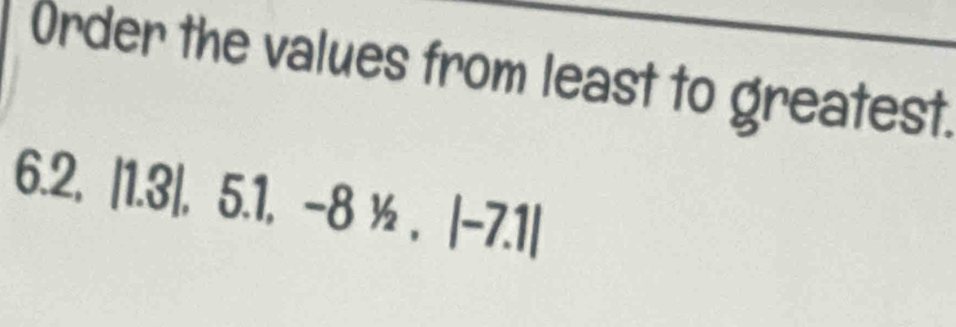 Order the values from least to greatest.
6.2, |1.3|, 5.1, -8^1/_2, |-7.1|