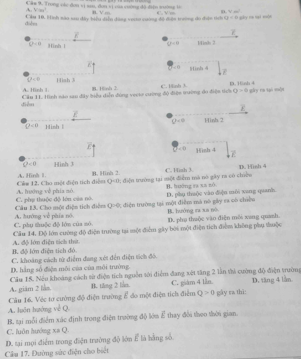 Trong các đơn vị sau, đơn vị của cường độ điện trường lớc
A. V/m^2. B. V.m. C. V/m.
D. Vm^2.
Câu 10. Hình nào sau đây biểu diễn đùng vectơ cường độ điện trường đo điện tích Q<0</tex> gây ra tại một
điểm
vector E
vector E
Q<0</tex> Hinh 1
Q<0</tex> Hinh 2
vector E
0<0</tex> Hình 4 vector E
Q<0</tex> Hình 3
A. Hinh 1. B. Hình 2. C. Hinh 3. D. Hình 4
Câu 11. Hình nào sau đây biểu diễn đúng vectơ cường độ điện trường do điện tích Q>0 gây ra tại một
điểm
vector E
vector E
Q<0</tex> Hình 2
Q<0</tex> Hình 1
vector E
Q<0</tex> Hình 4 vector E
Q<0</tex> Hình 3
D. Hình 4
A. Hình 1. B. Hình 2. C. Hình 3.
Câu 12. Cho một điện tích điểm Q<0</tex> ; điện trường tại một điểm mà nó gây ra có chiều
A. hướng về phía nó. B. hướng ra xa nó.
C. phụ thuộc độ lớn của nó. D. phụ thuộc vào điện môi xung quanh.
Câu 13. Cho một điện tích điểm Q>0; điện trường tại một điểm mà nó gây ra có chiều
A. hướng về phía nó. B. hướng ra xa nó.
C. phụ thuộc độ lớn của nó. D. phụ thuộc vào điện môi xung quanh.
Câu 14. Độ lớn cường độ điện trường tại một điểm gây bởi một điện tích điểm không phụ thuộc
A. độ lớn điện tích thử.
B. độ lớn điện tích đó.
C. khoảng cách từ điểm đang xét đến điện tích đó.
D. hằng số điện môi của của môi trường.
Câu 15. Nếu khoảng cách từ điện tích nguồn tới điểm đang xét tăng 2 lần thì cường độ điện trường
A. giảm 2 lần. B. tăng 2 lần. C. giảm 4 lần. D. tăng 4 lần.
Câu 16. Véc tơ cường độ điện trường vector E do một điện tích điểm Q>0 gây ra thì:
A. luôn hướng ve^(lambda)Q.
B. tại mỗi điểm xác định trong điện trường độ lớn vector E thay đồi theo thời gian.
C. luôn hướng xa Q.
D. tại mọi điểm trong điện trường độ lớn vector E là hằng số.
Câu 17. Đường sức điện cho biết